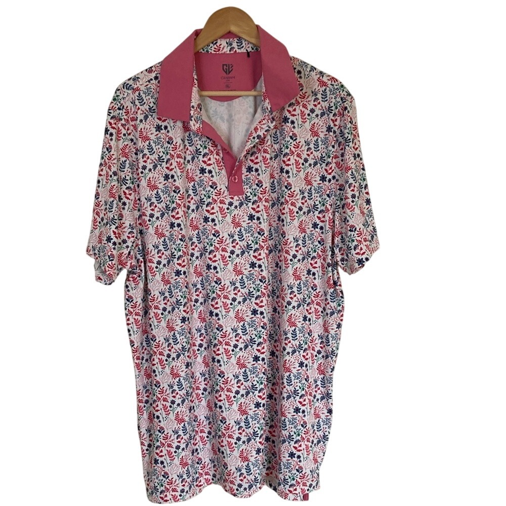 Graham Luxe‎ Men's Pink Floral Polo Shirt Size XL Performance Golf